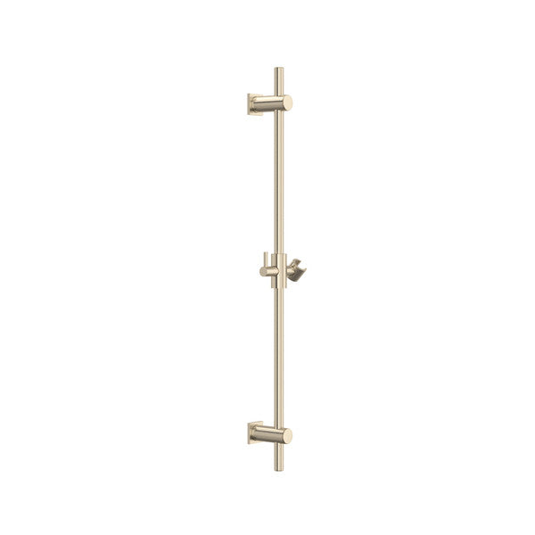 Satin nickel 30-inch vertical slide bar with adjustable hand shower holder and wall mounts.