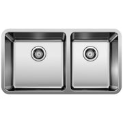 Stainless steel double bowl undermount kitchen sink with two equal-sized basins and drain strainers.