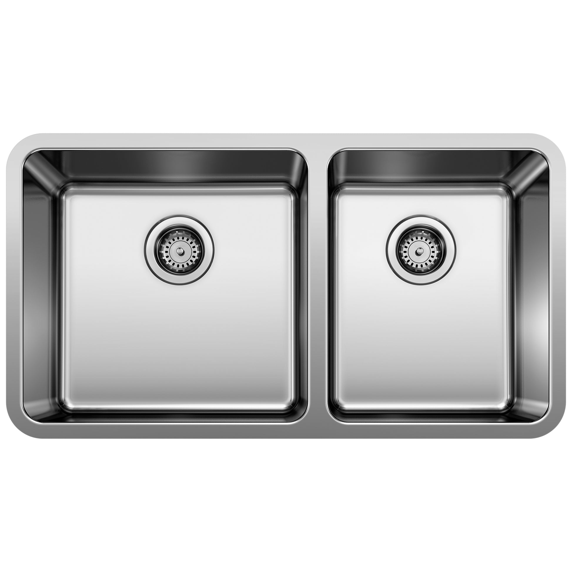 Stainless steel double bowl undermount kitchen sink with two equal-sized basins and drain strainers.