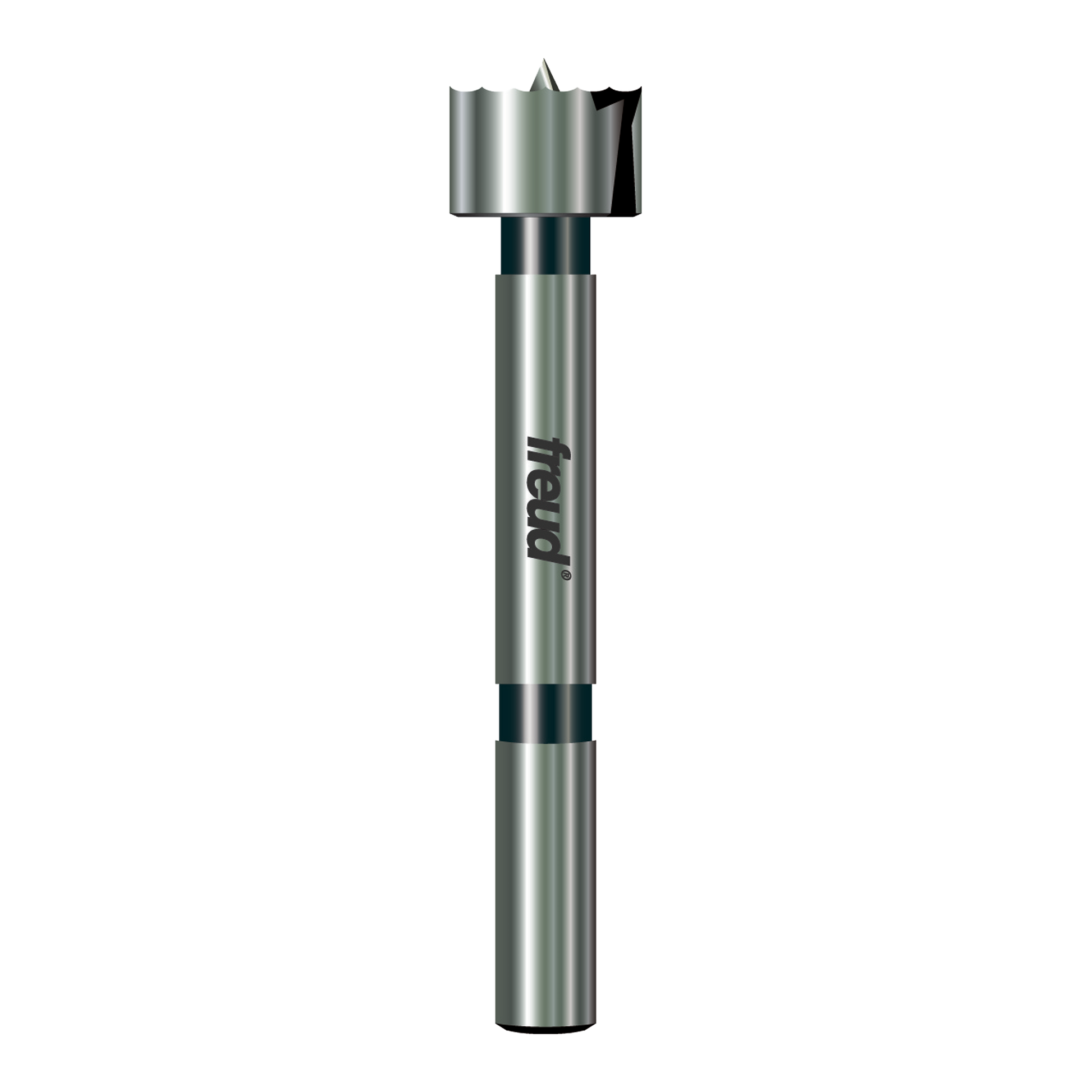 Freud Forstner bit with cylindrical steel shaft and flat cutting head with pointed center spur.