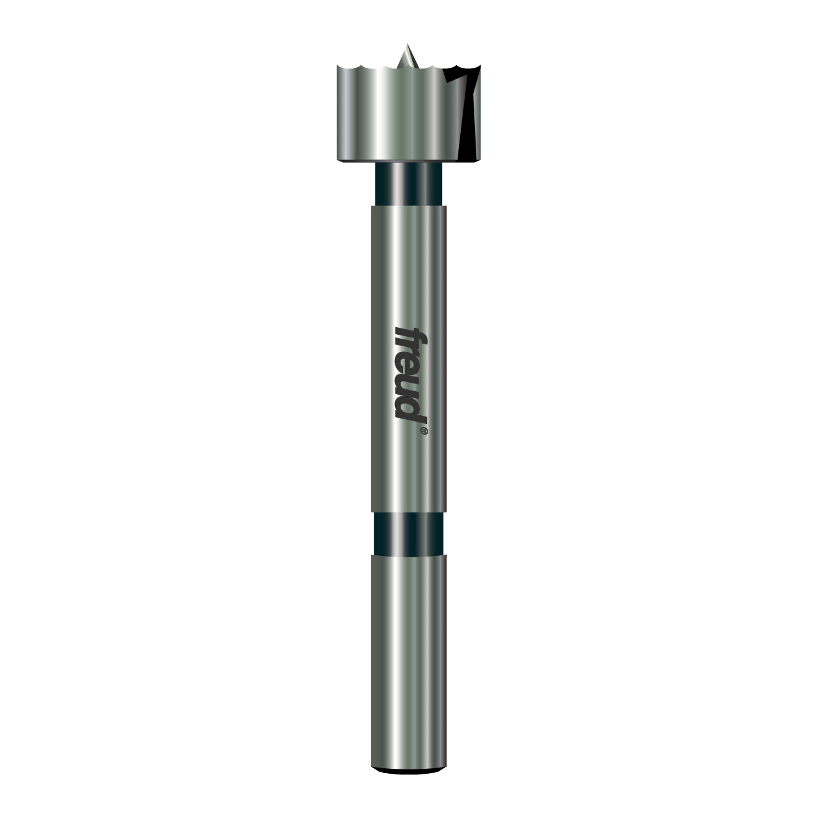 Freud Forstner bit with cylindrical steel shaft and flat cutting head with pointed center spur.