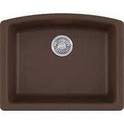 Dark brown composite kitchen sink with single basin and chrome drain strainer.