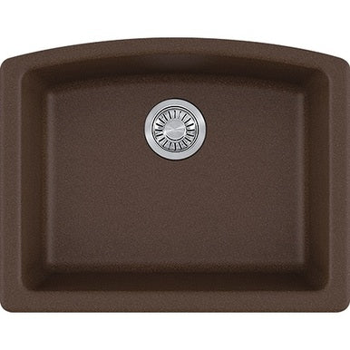 Dark brown composite kitchen sink with single basin and chrome drain strainer.