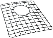 Stainless steel sink grid with square mesh pattern and circular drain opening.