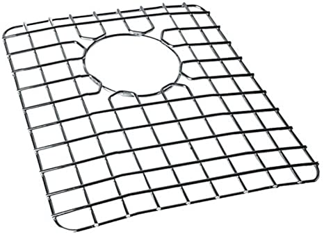 Stainless steel sink grid with square mesh pattern and circular drain opening.