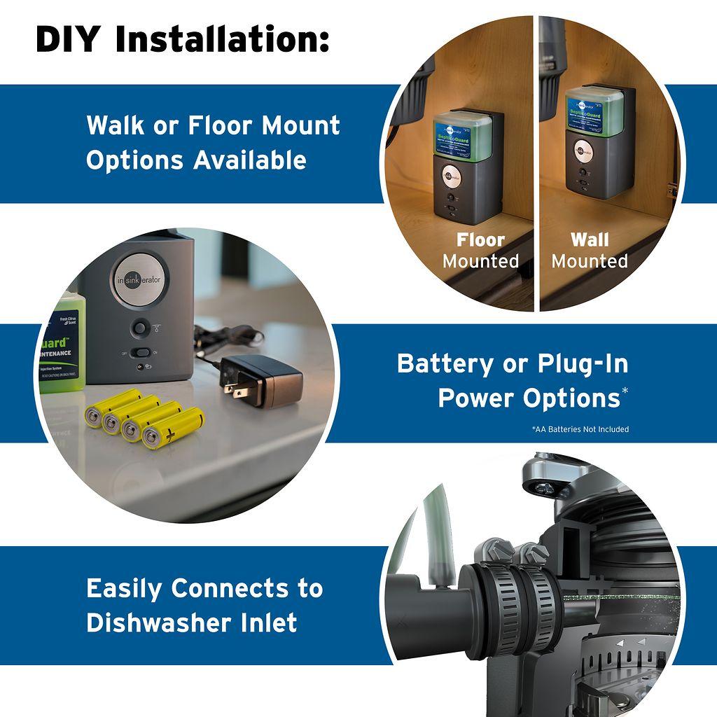 Black injection system with green refill cartridge shown in floor and wall mounted positions, with battery and power cord opt