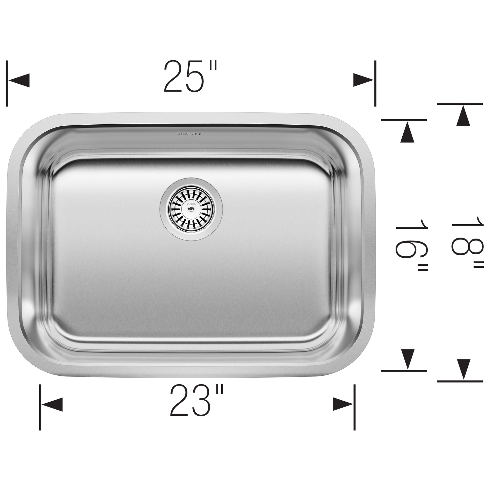 Stainless steel single bowl undermount sink with rounded corners and drain, 25" x 23" opening.