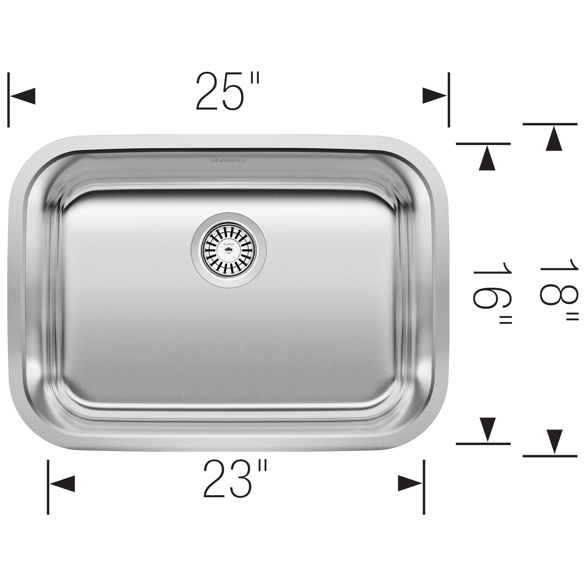 Stainless steel single bowl undermount sink with rounded corners and drain, 25" x 23" opening.
