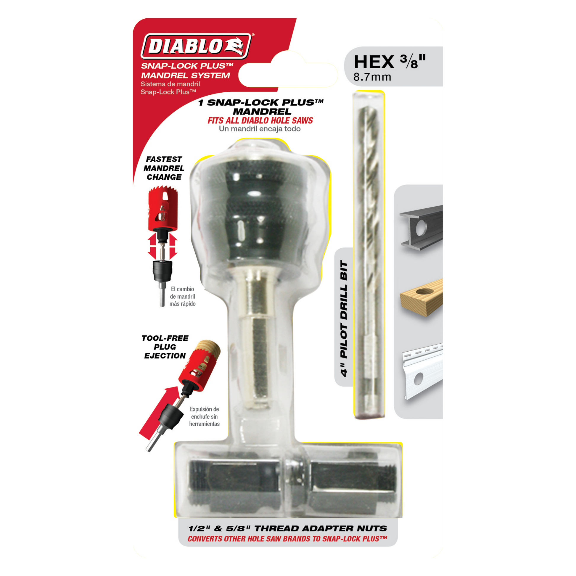 Diablo Snap-Lock Plus mandrel with 3/8" hex pilot drill bit and thread adapter nuts for hole saw compatibility.