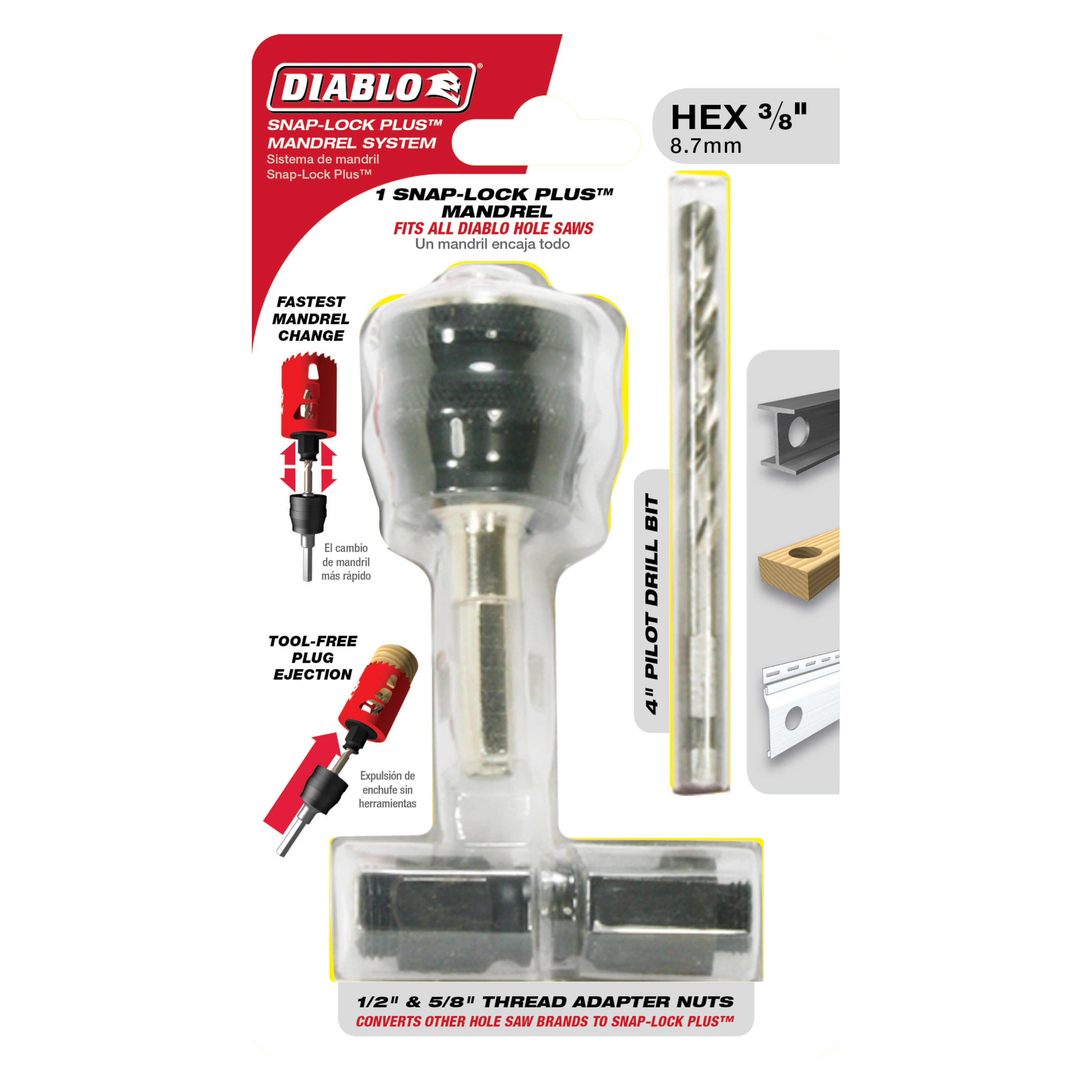 Diablo Snap-Lock Plus mandrel with 3/8" hex pilot drill bit and thread adapter nuts for hole saw compatibility.
