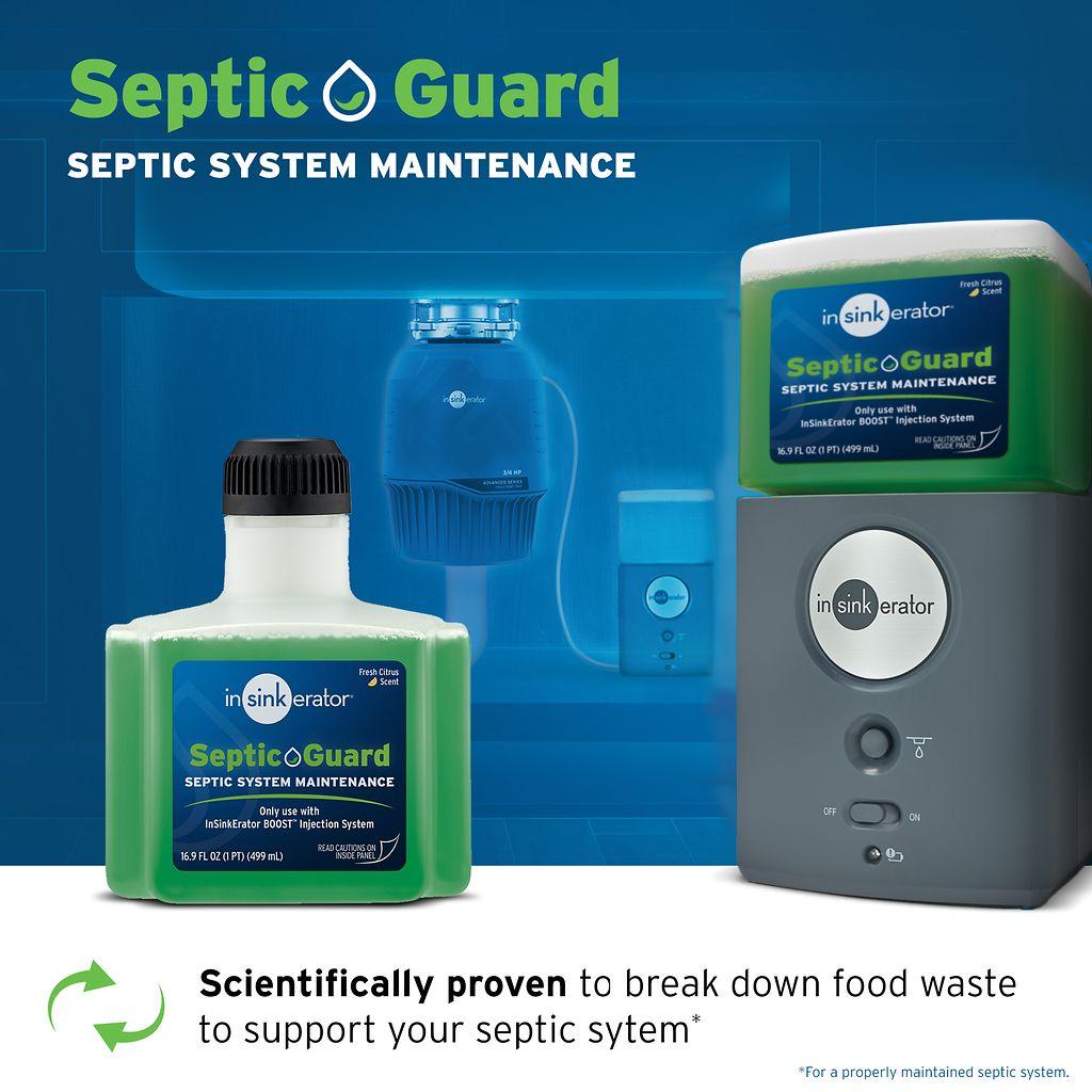 InSinkErator Septic Guard maintenance system with green liquid bottle, gray dispenser unit, and blue injection chamber on blu