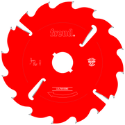 Red circular saw blade with silver carbide teeth, white center hub, and model number LCL7M10060 marked on face.
