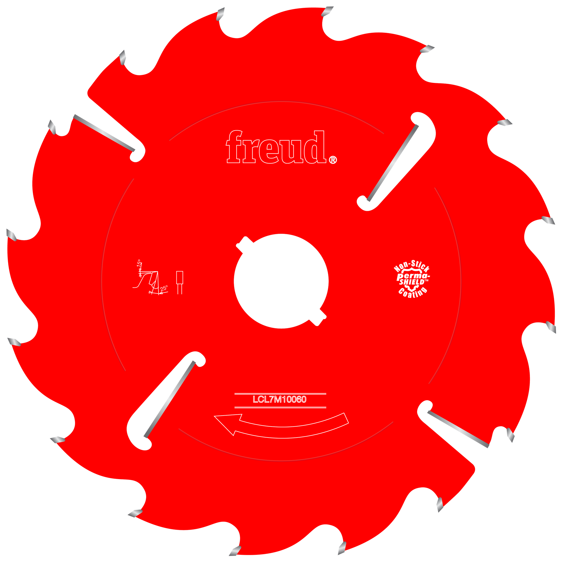 Red circular saw blade with silver carbide teeth, white center hub, and model number LCL7M10060 marked on face.