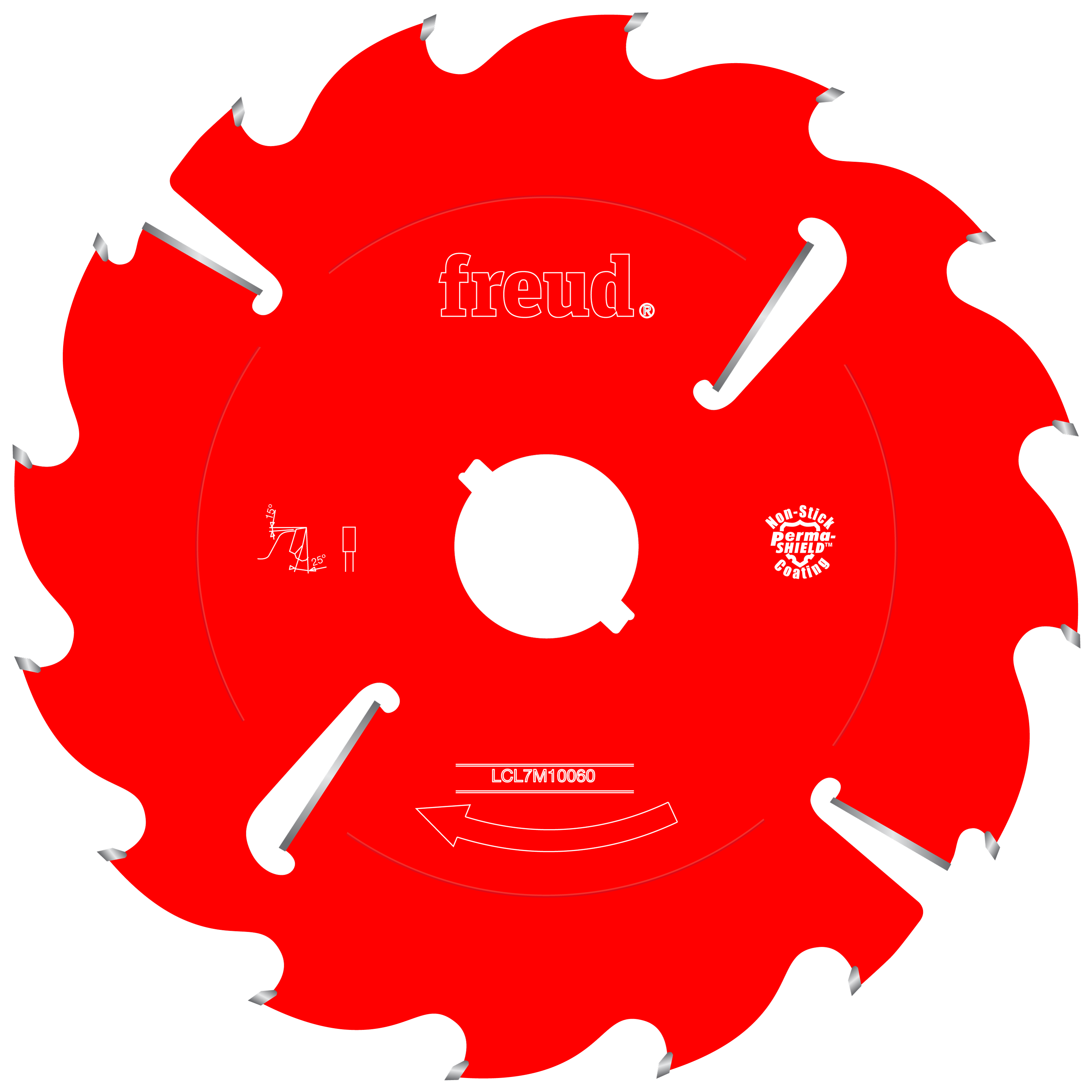 Red circular saw blade with silver carbide teeth, white center hub, and model number LCL7M10060 marked on face.