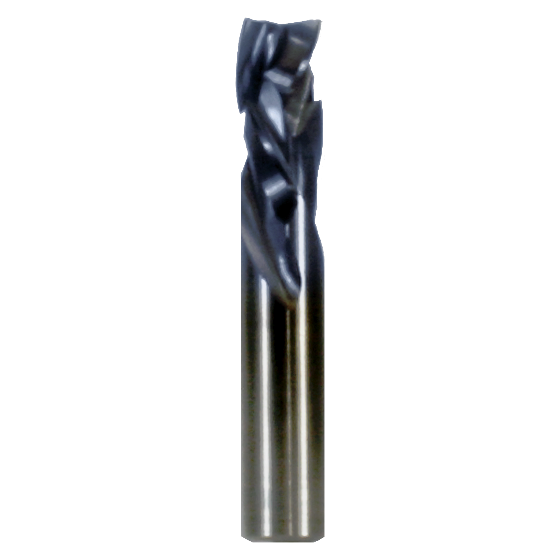 Black and gray triple compression router bit with spiral flutes and cylindrical shank.