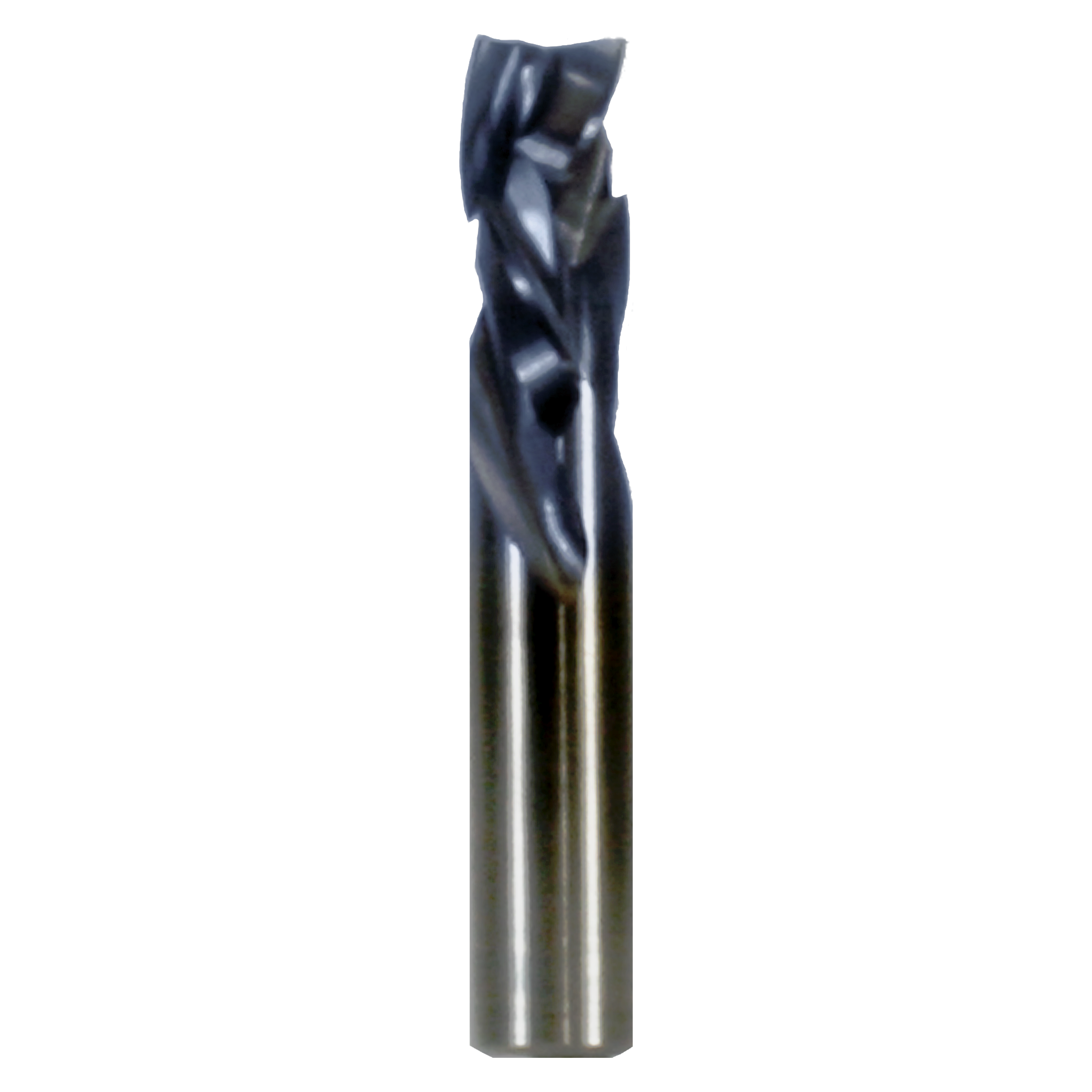 Black and gray triple compression router bit with spiral flutes and cylindrical shank.
