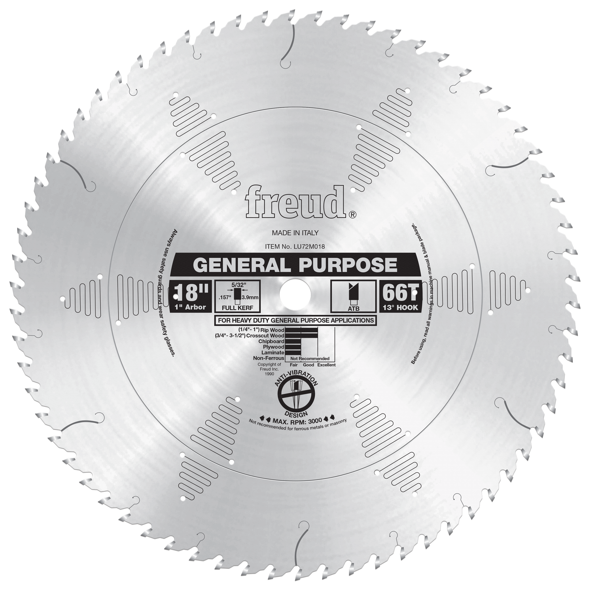Freud 18" diameter circular saw blade with 66 carbide teeth and 1" arbor hole for general purpose cutting.