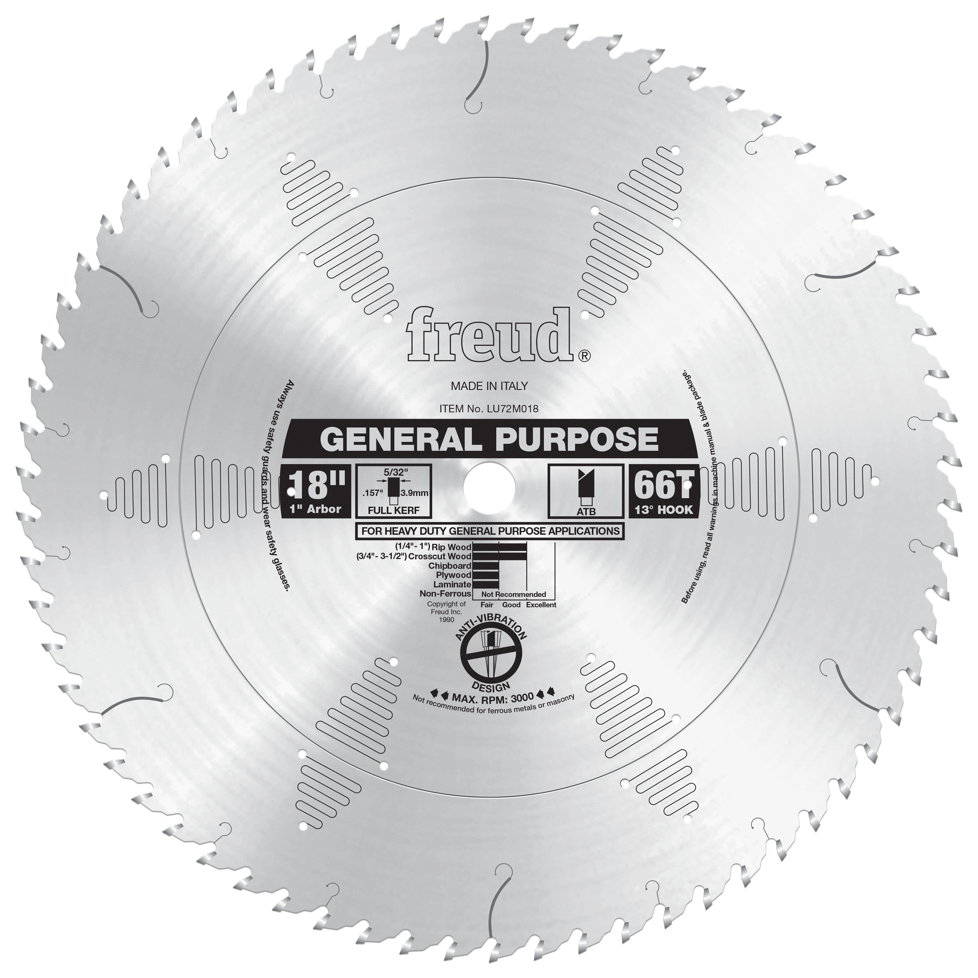 Freud 18" diameter circular saw blade with 66 carbide teeth and 1" arbor hole for general purpose cutting.