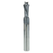 Cylindrical metal mortise bit with two spiral flutes and a shank, featuring a notched cutting head at the tip.