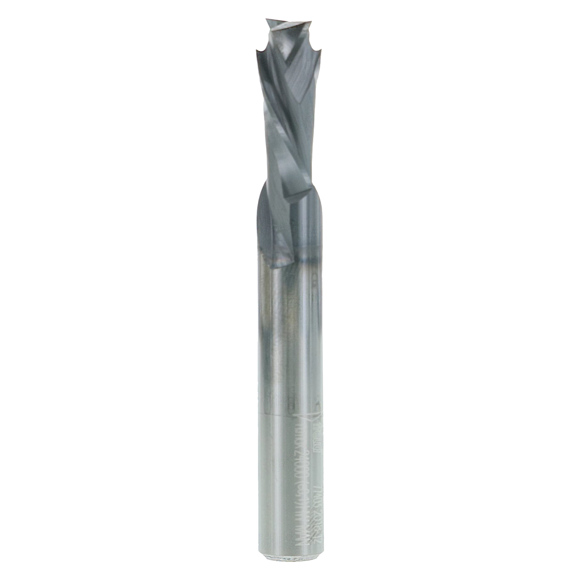 Cylindrical metal mortise bit with two spiral flutes and a shank, featuring a notched cutting head at the tip.