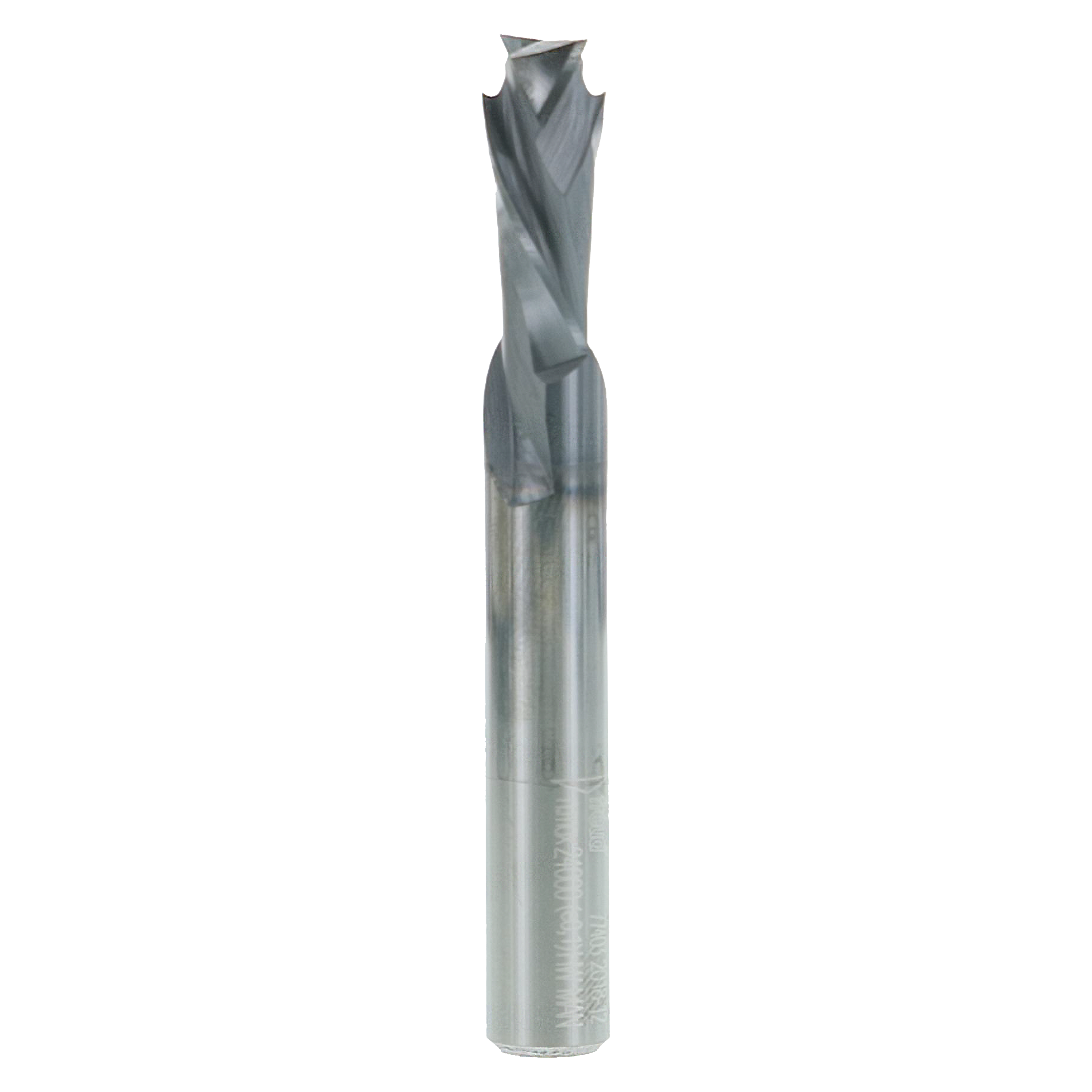 Cylindrical metal mortise bit with two spiral flutes and a shank, featuring a notched cutting head at the tip.