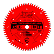 8" red circular saw blade with 64 carbide teeth, 5/8" arbor, labeled for double-sided laminate and melamine cutting.