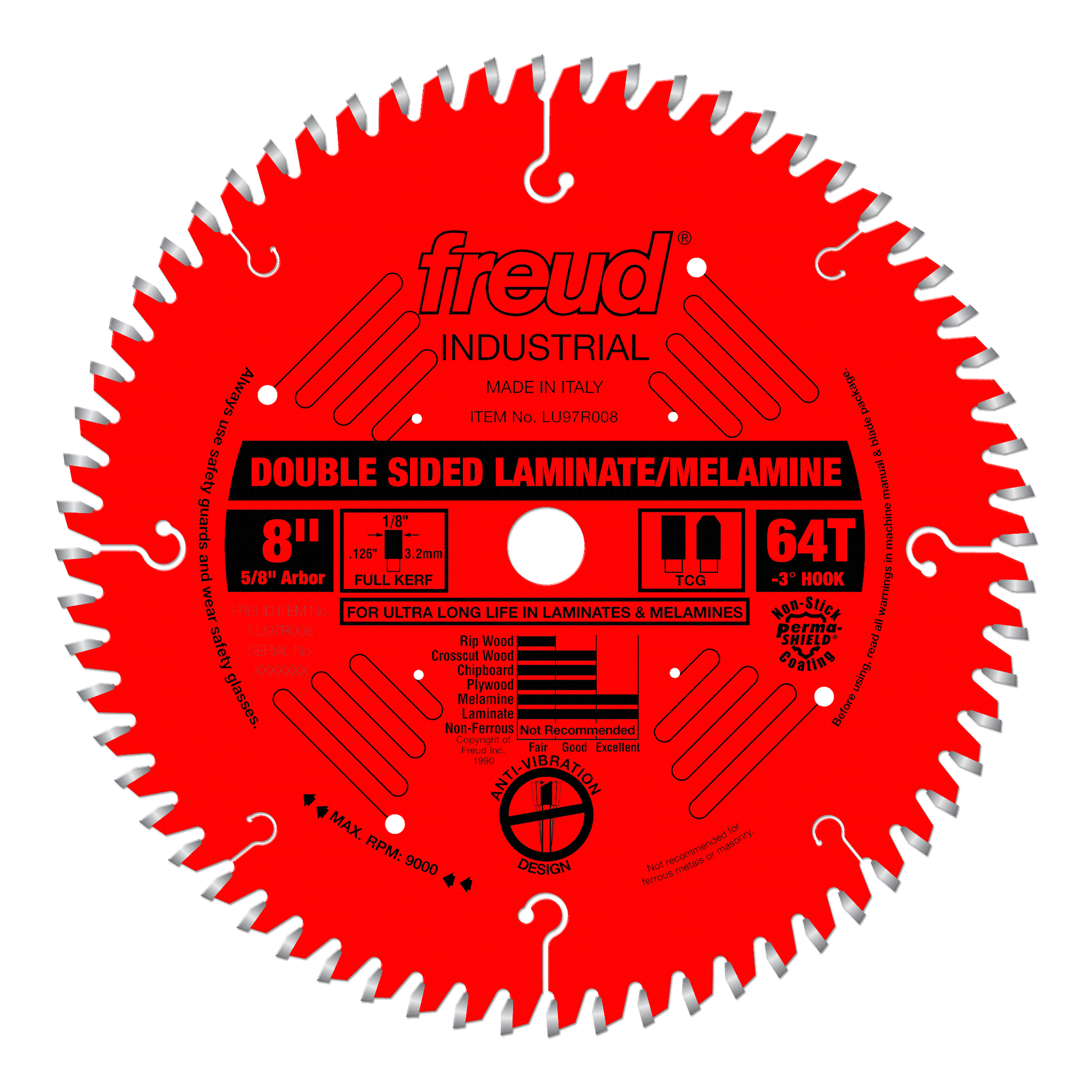 8" red circular saw blade with 64 carbide teeth, 5/8" arbor, labeled for double-sided laminate and melamine cutting.