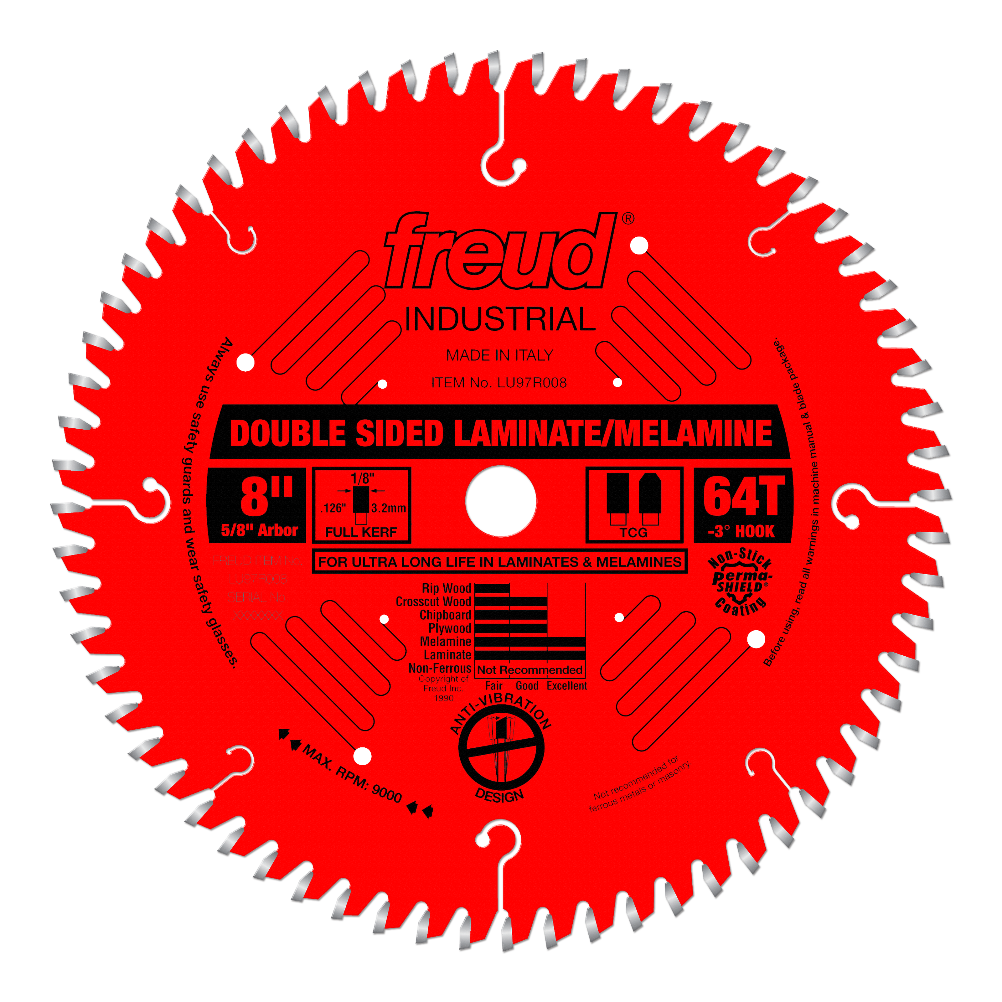 8" red circular saw blade with 64 carbide teeth, 5/8" arbor, labeled for double-sided laminate and melamine cutting.