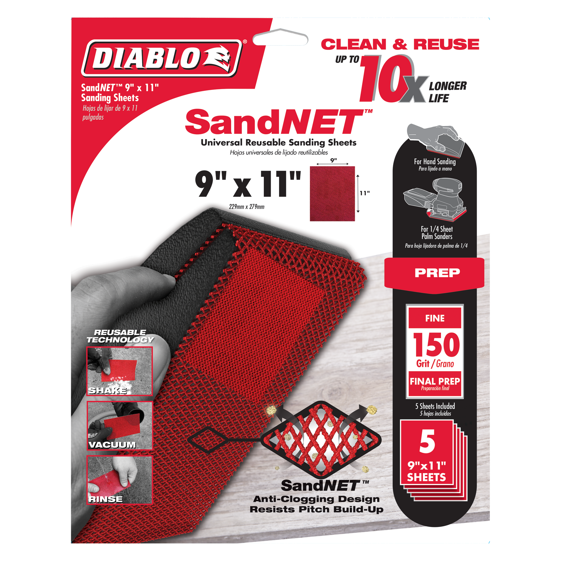 Five 9" x 11" red 150-grit SandNET sanding sheets with anti-clogging mesh design, displayed with product packaging and usage 