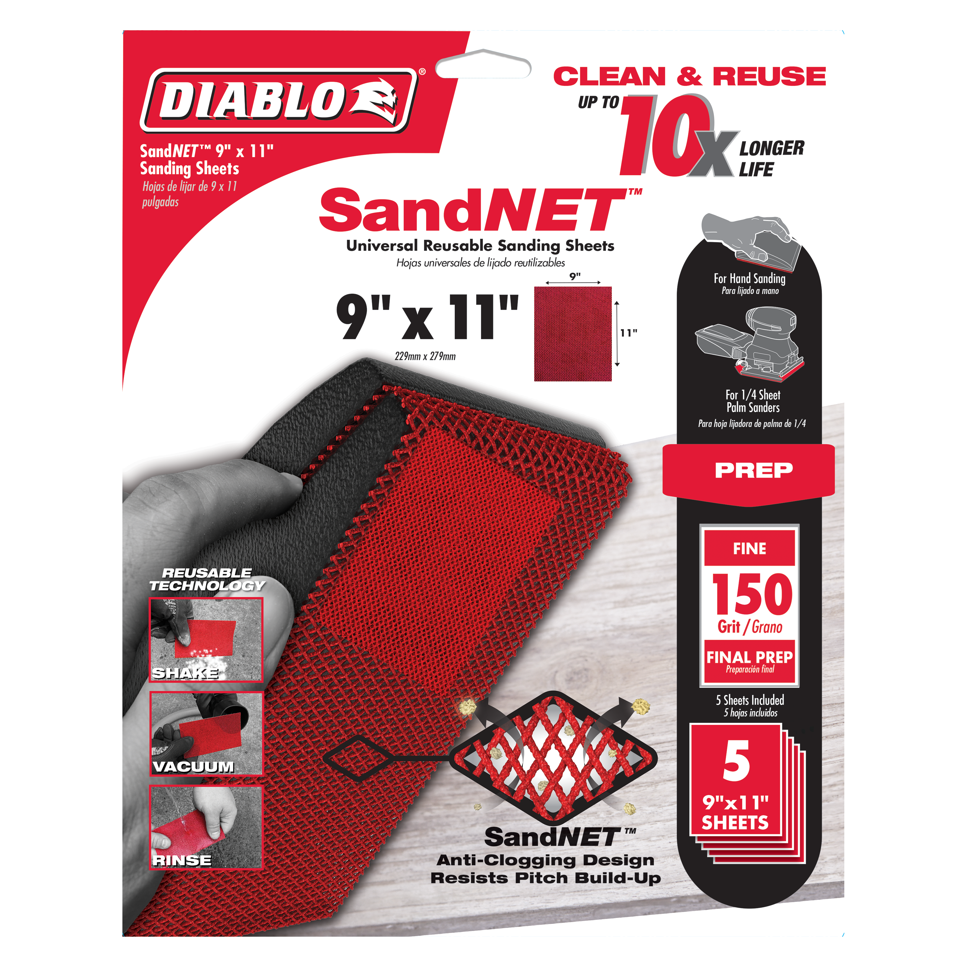 Five 9" x 11" red 150-grit SandNET sanding sheets with anti-clogging mesh design, displayed with product packaging and usage 