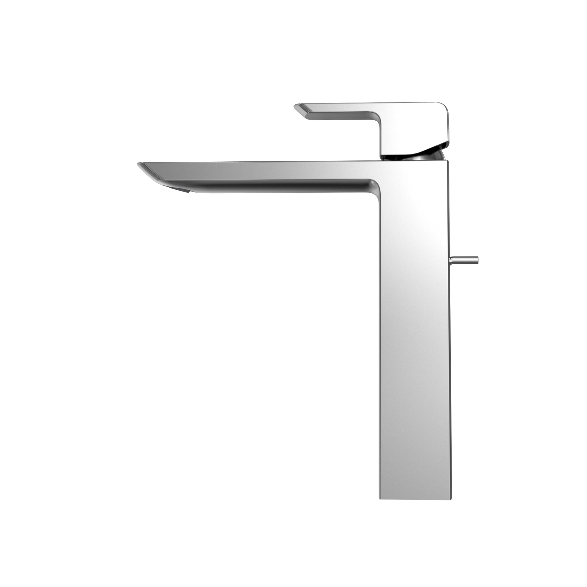 Polished chrome single-handle vessel sink faucet with tall spout and lever control on right side.