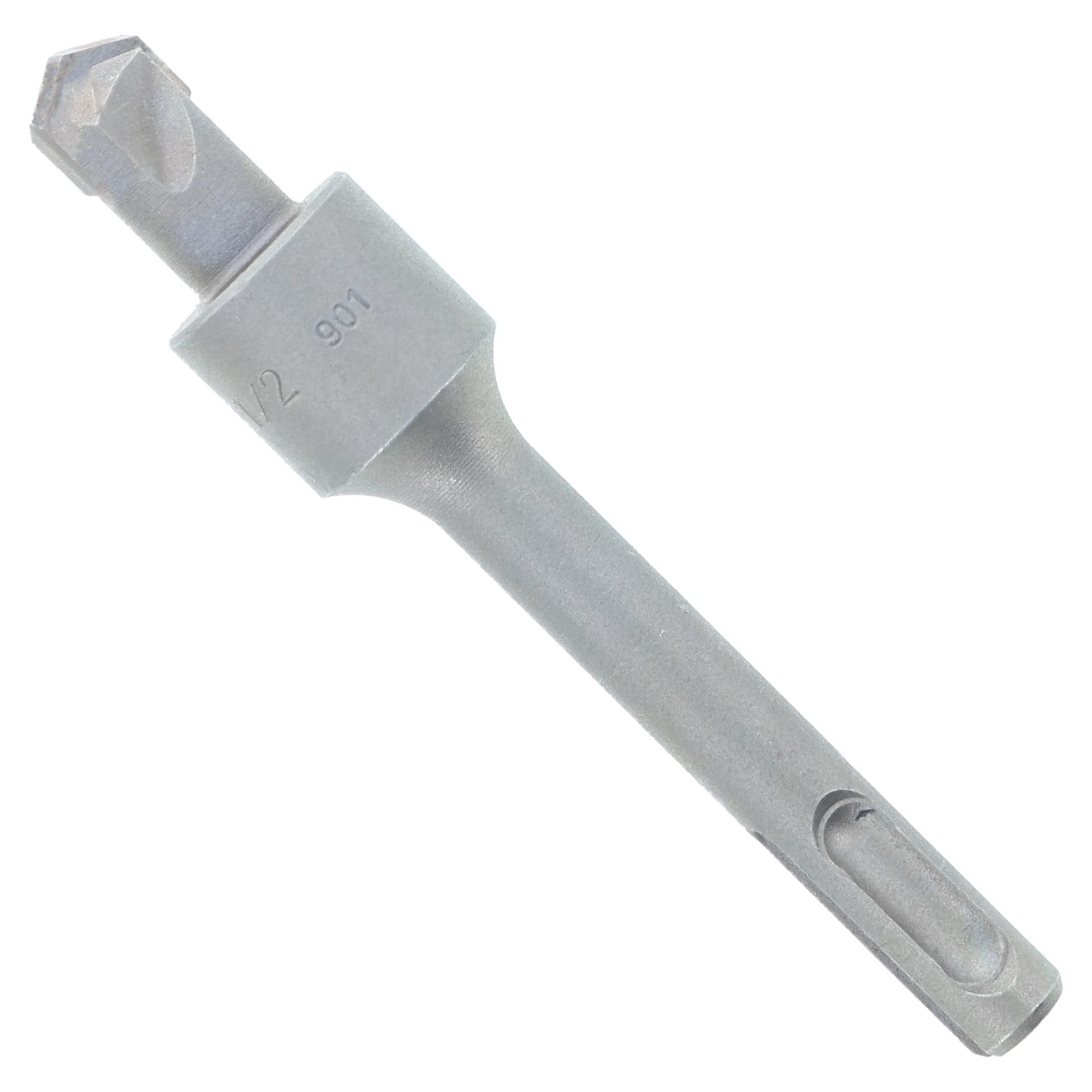 Gray SDS-Plus masonry drill bit with two-flute tip and stop collar marked with measurement indicators.