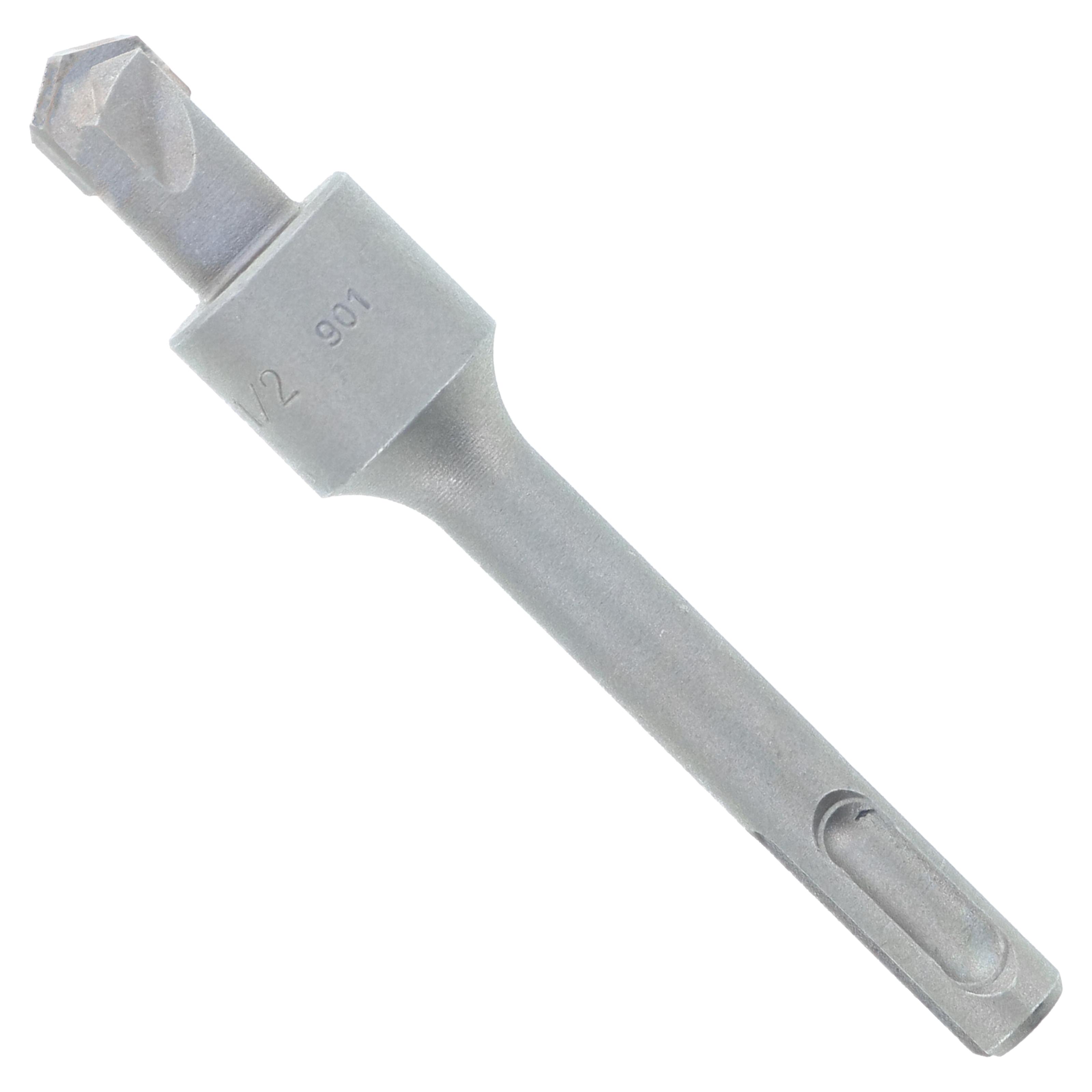 Gray SDS-Plus masonry drill bit with two-flute tip and stop collar marked with measurement indicators.