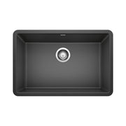 Anthracite single bowl undermount kitchen sink with chrome drain strainer and rounded corners.