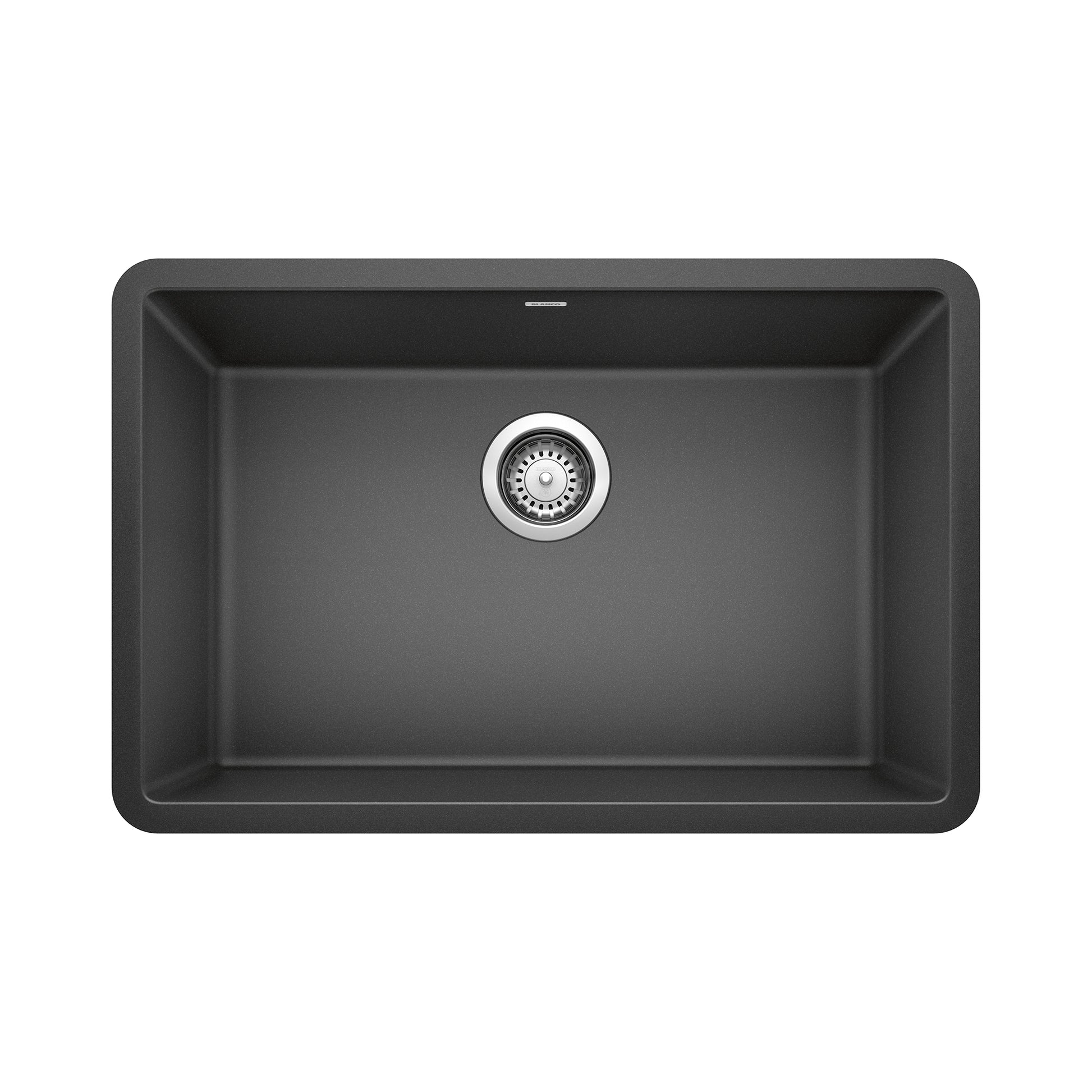 Anthracite single bowl undermount kitchen sink with chrome drain strainer and rounded corners.