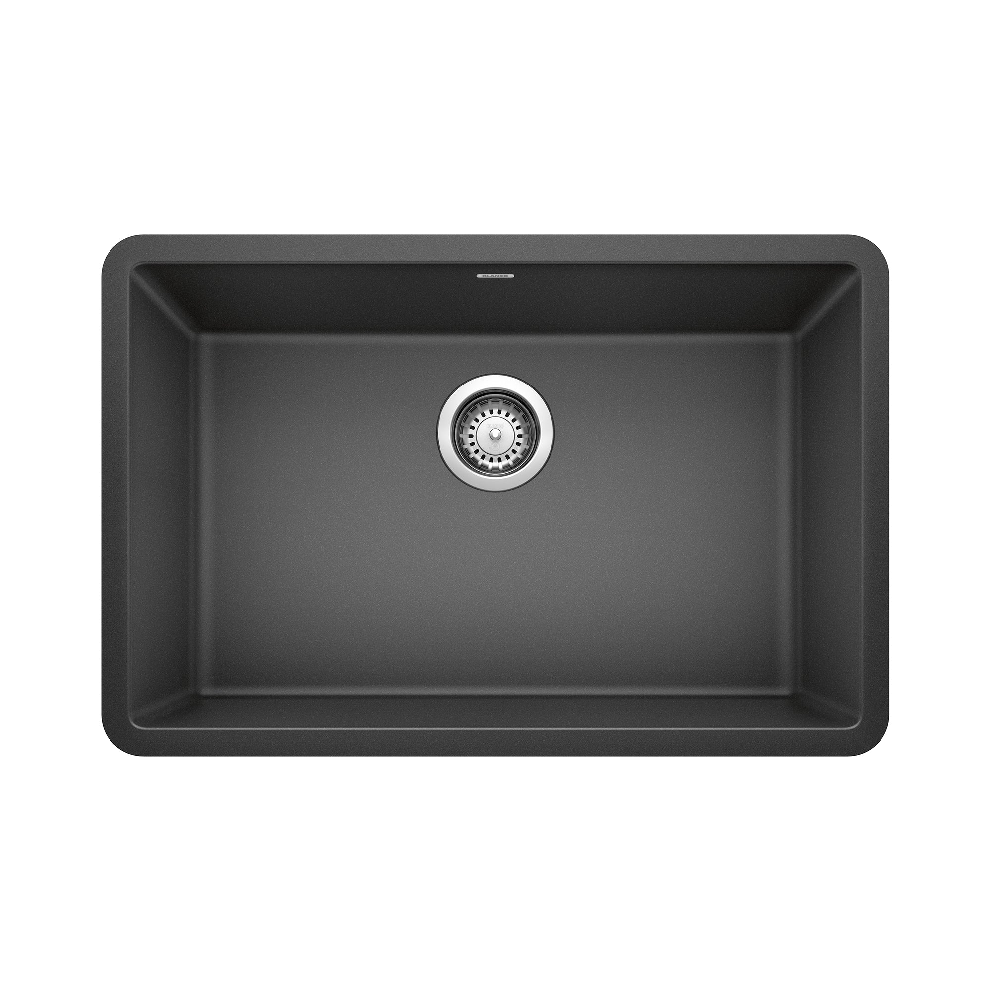 Anthracite single bowl undermount kitchen sink with chrome drain strainer and rounded corners.