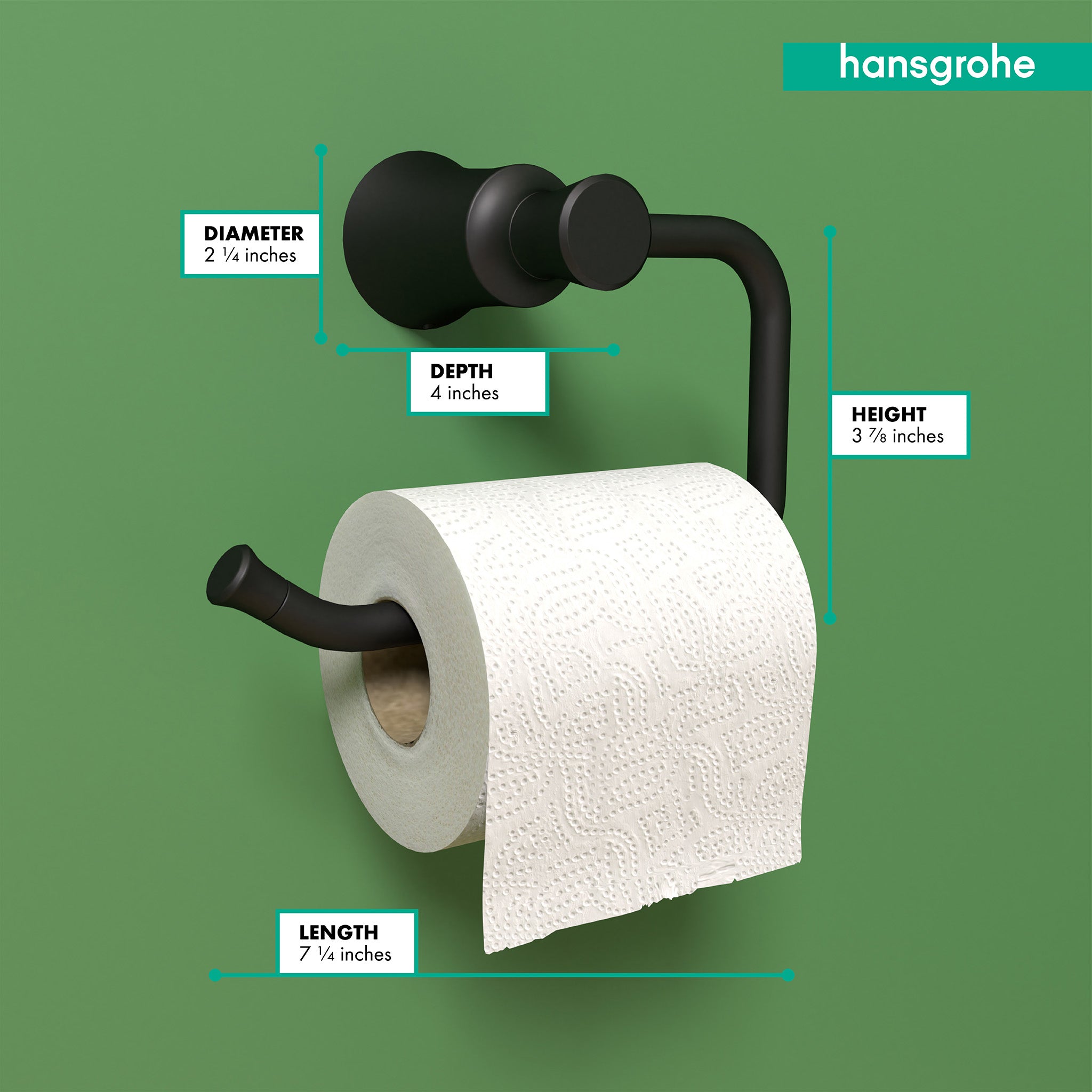 Matte black curved toilet paper holder with spherical knob accent and wall-mounted bracket holding white roll.