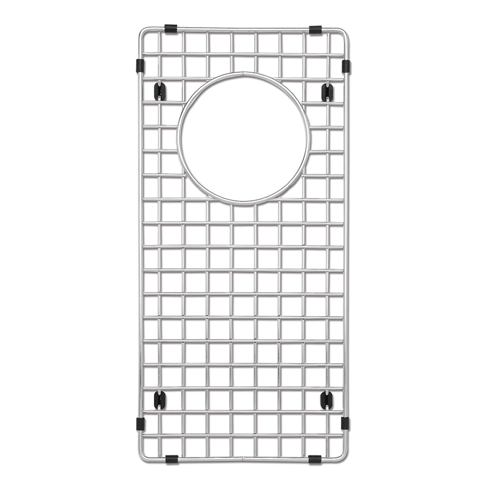 Stainless steel sink grid with square wire pattern, circular drain hole, and black rubber feet for single basin sink.