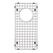 Stainless steel sink grid with square wire pattern, circular drain hole, and black rubber feet for single basin sink.