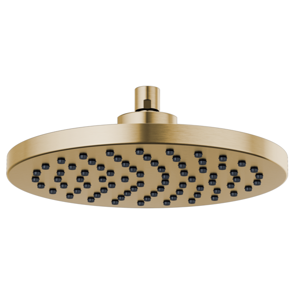 Round brushed gold raincan shower head with multiple spray jets and mounting arm.
