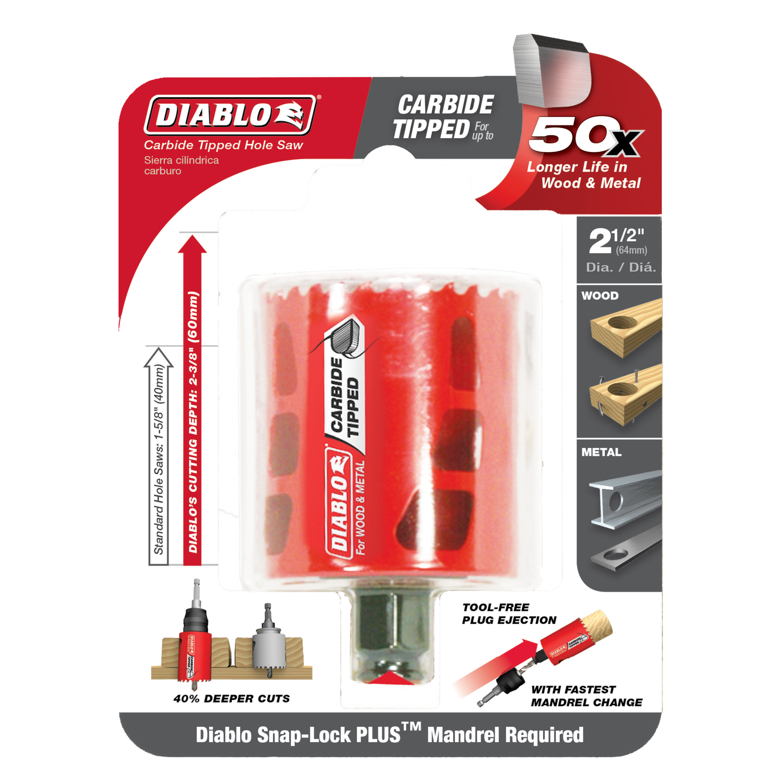 Diablo 2-1/2 inch carbide-tipped holesaw with red cutting head, metal arbor, and packaging showing wood and metal cutting cap