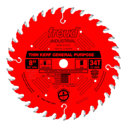 Red circular saw blade with 34 teeth, silver-gray tooth tips, white center arbor hole, and black label marked "Thin Kerf Gene