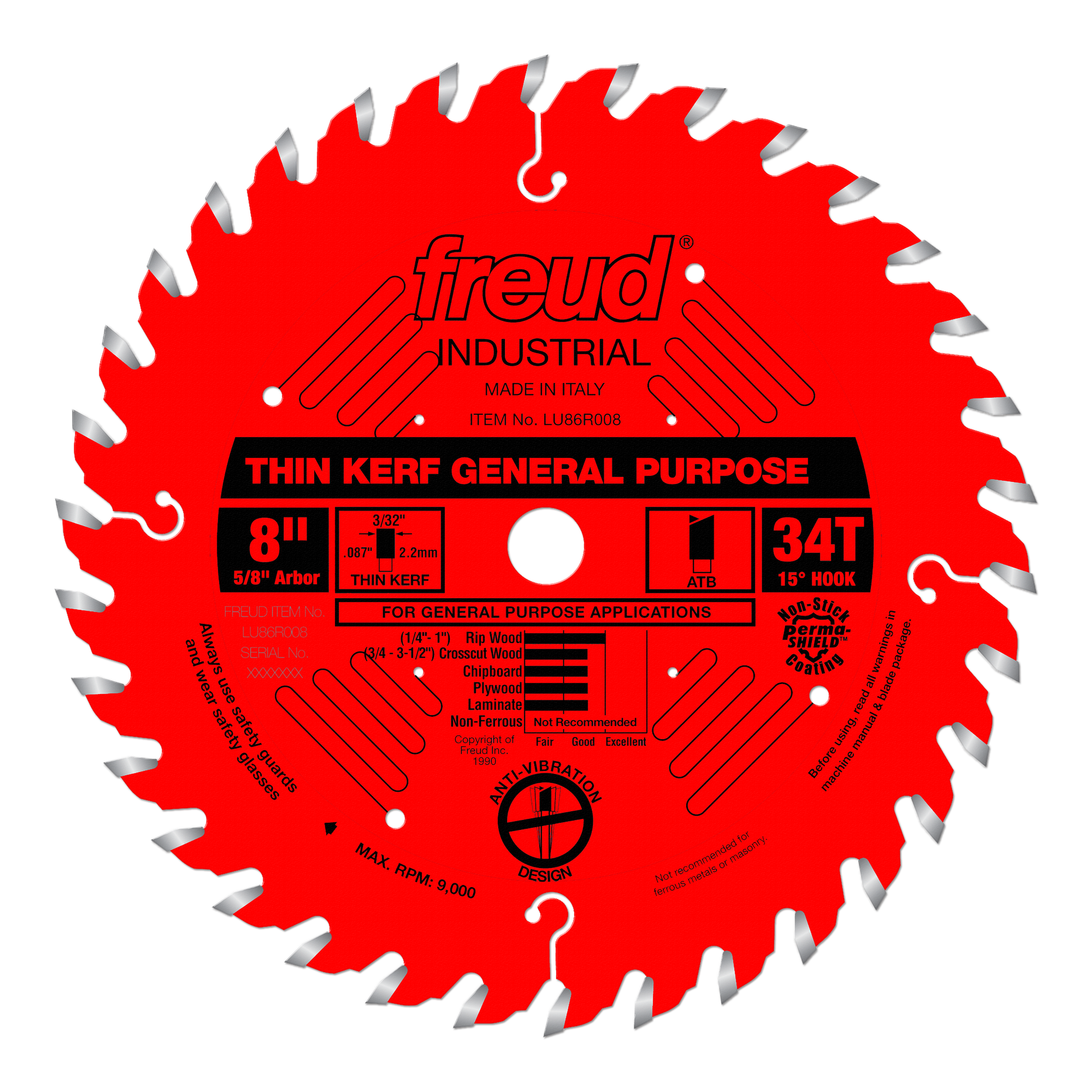 Red circular saw blade with 34 teeth, silver-gray tooth tips, white center arbor hole, and black label marked "Thin Kerf Gene