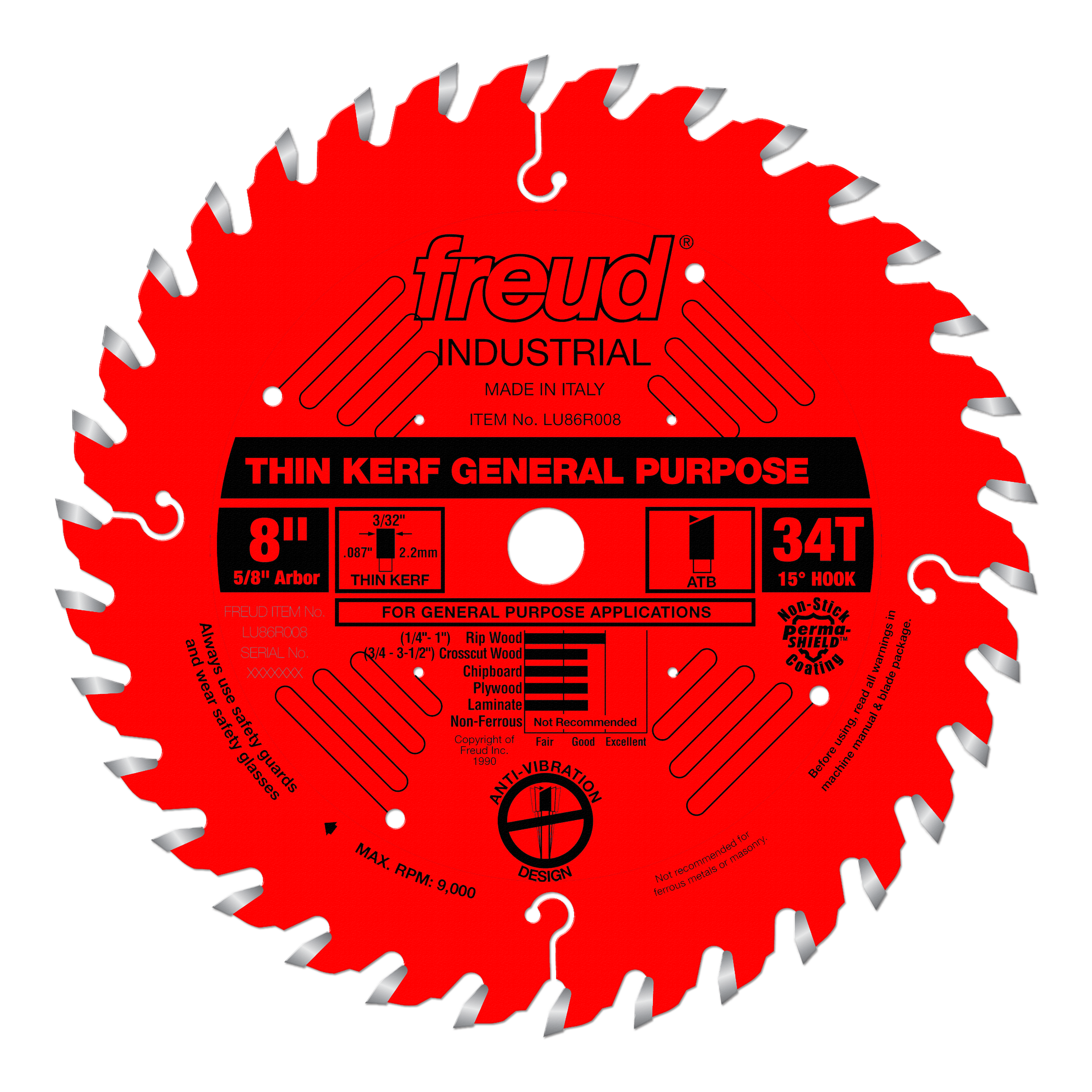 Red circular saw blade with 34 teeth, silver-gray tooth tips, white center arbor hole, and black label marked "Thin Kerf Gene