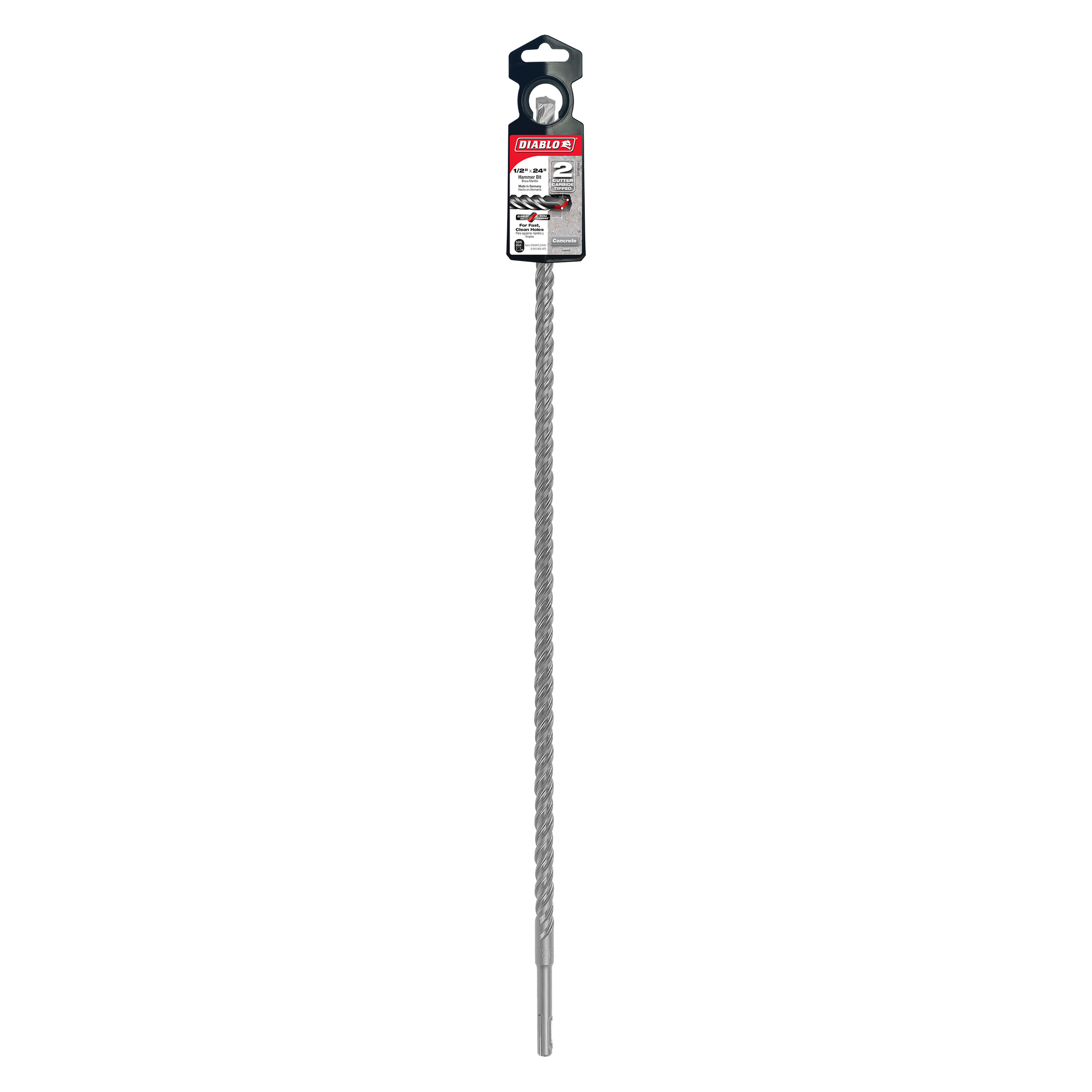 Diablo SDS-Plus hammer drill bit with gray fluted shaft and black packaging sleeve at top.