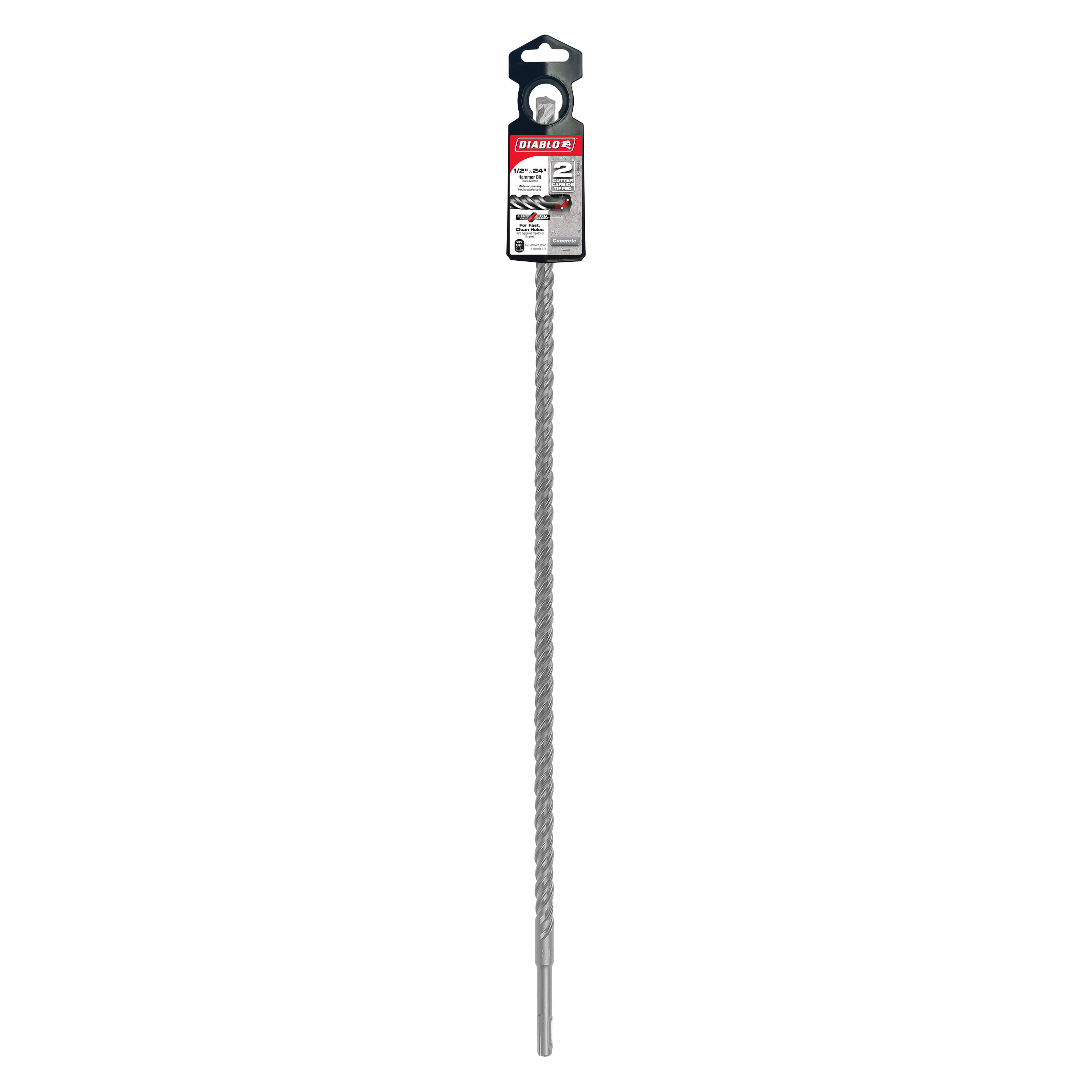 Diablo SDS-Plus hammer drill bit with gray fluted shaft and black packaging sleeve at top.