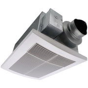 White rectangular ceiling-mounted exhaust fan with gray motor housing and black ducting outlet.
