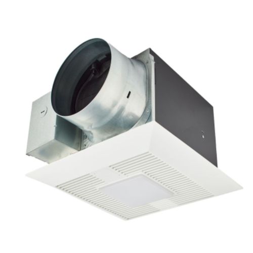 White ceiling-mounted exhaust fan with integrated LED light panel and ducting connector.