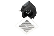 Black motor and duct assembly with white square grille featuring horizontal slats for ventilation fan installation.