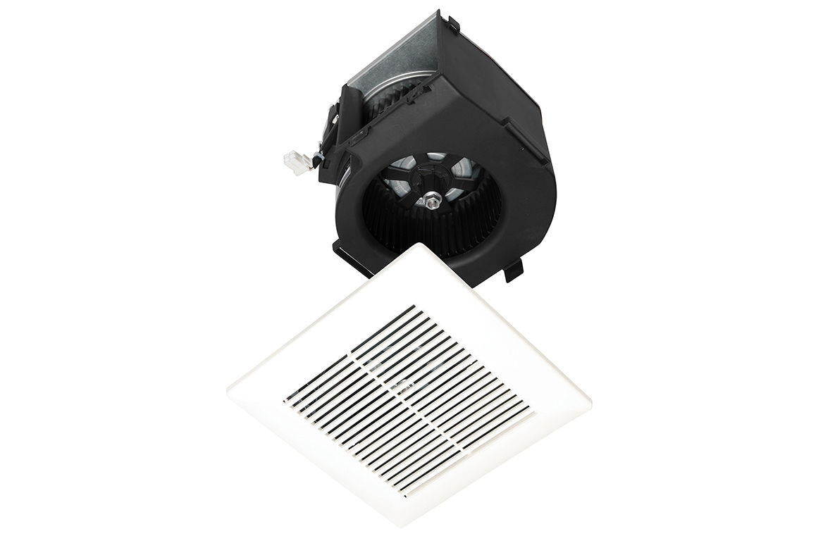 Black motor and duct assembly with white square grille featuring horizontal slats for ventilation fan installation.